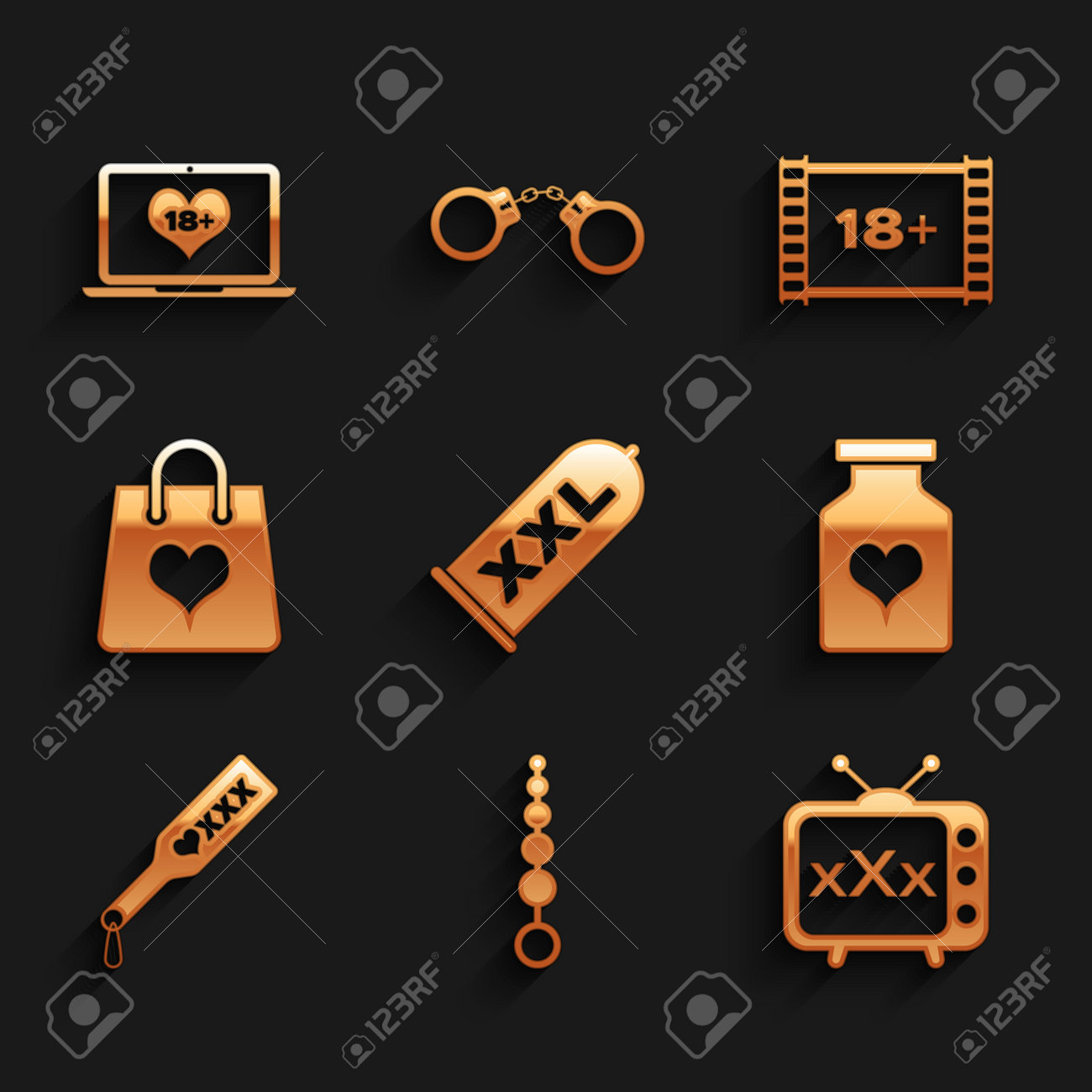 ハンドスパンキング コンドームの安全なセックス、アナルビーズ、セックステレビの古いテレビ、強力な薬の入ったボトル、スパンキングパドル、ショッピングバッグのハート、Play Video 18 Plus、ラップトップコンテンツアイコンを設定します。ベクターのイラスト素材・ベクター Image 172028152