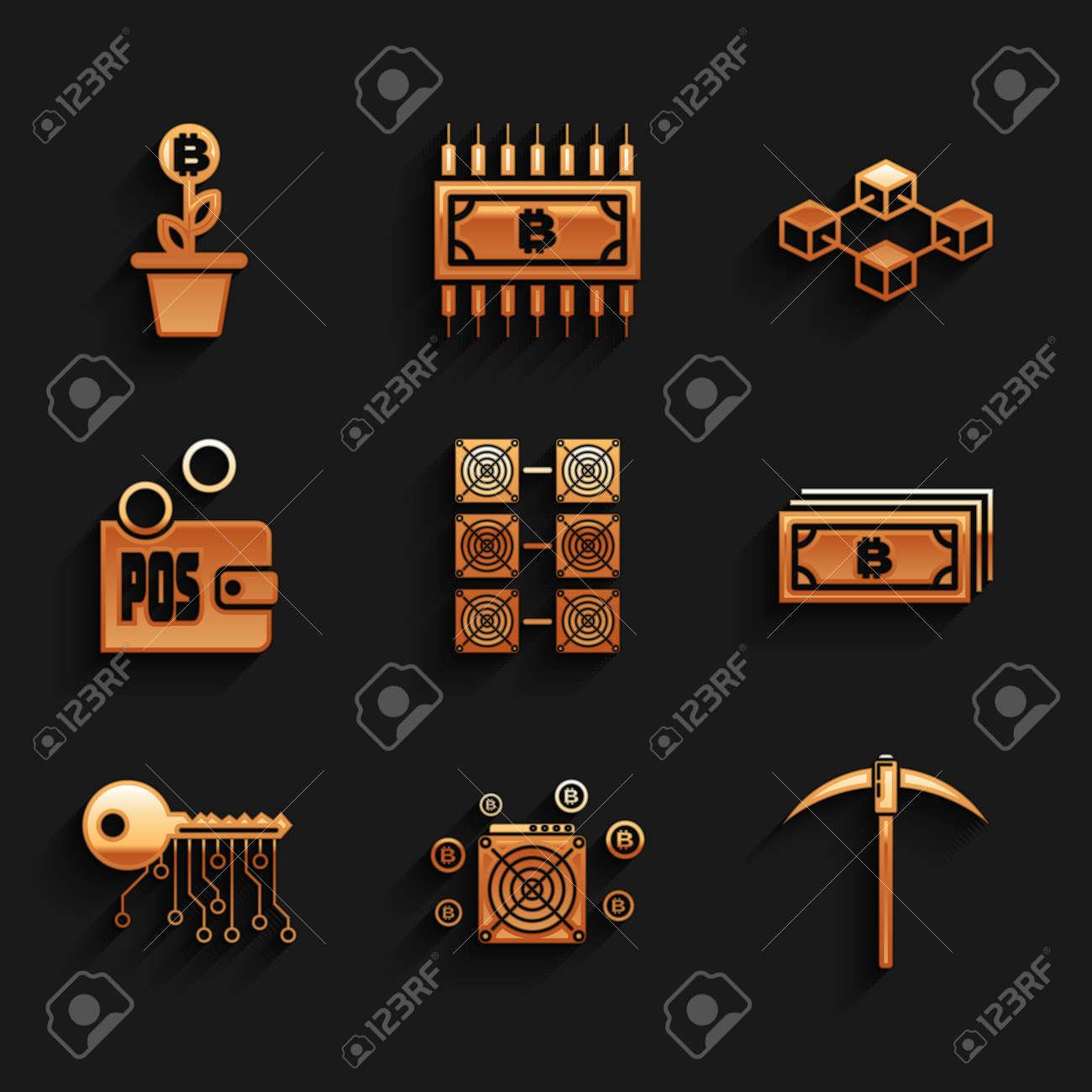 마이닝 팜, ASIC 마이너, 곡괭이, 암호화폐 비트코인, 키 및 지분 증명 아이콘을 설정합니다. 벡터 로열티 무료 사진, 그림,  이미지 그리고 스톡포토그래피. Image 172643676