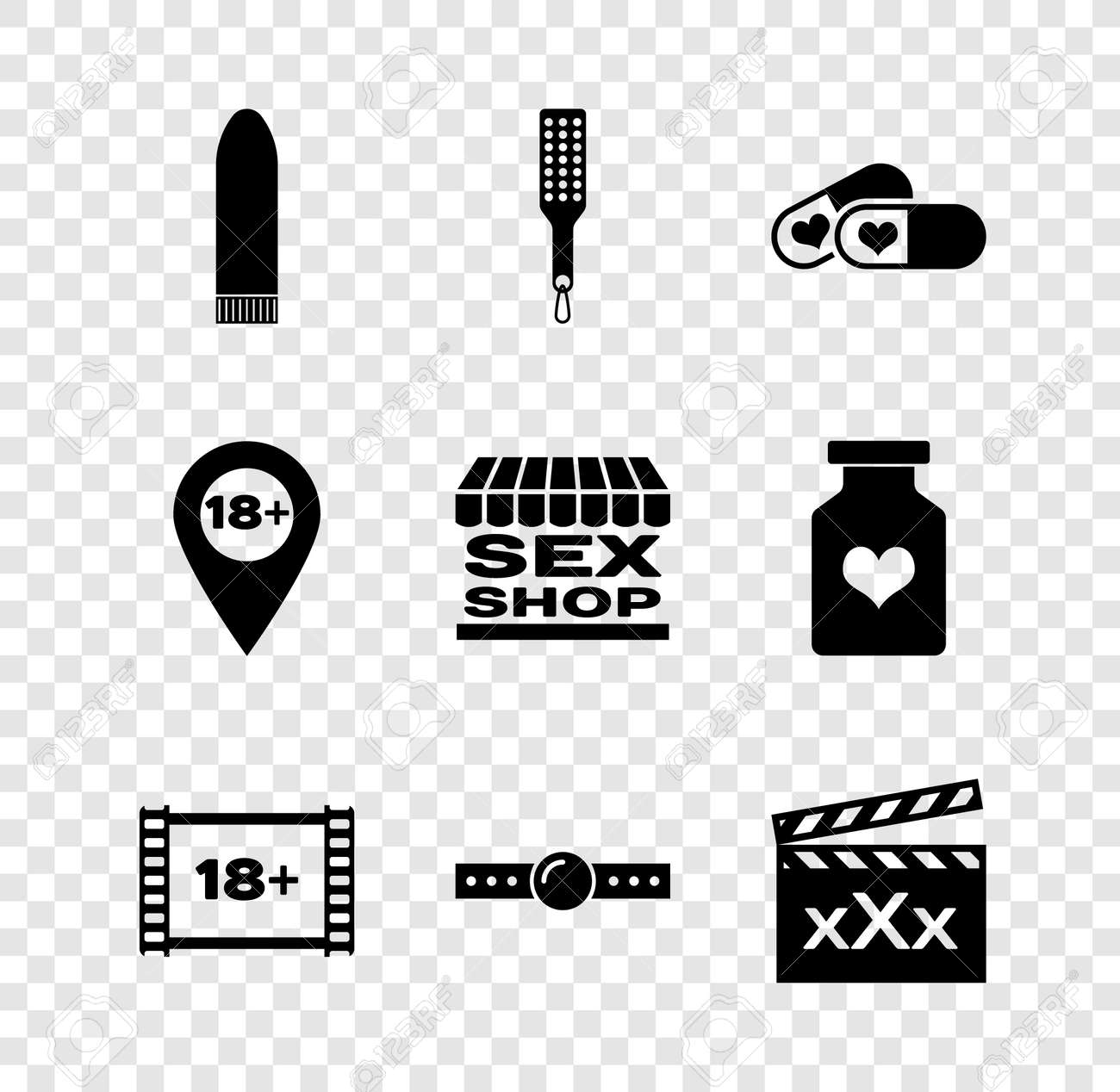 ハンドスパンキング ディルドバイブレーター、スパンキングパドル、効力のある丸薬、18プラスでビデオを再生、シリコンボールギャグ、ムービークラッパーセックス、場所、ショップビルのアイコンを設定します。ベクターのイラスト素材・ベクター  Image 173143210