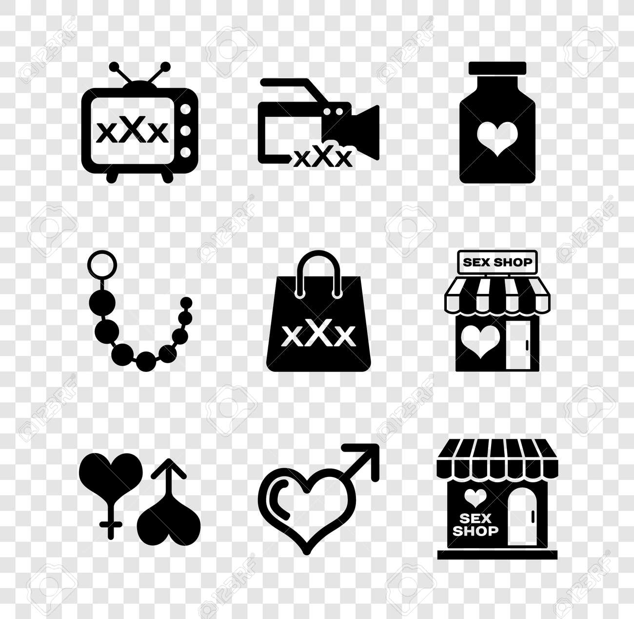 Set Sex Tv Old Television, Video Camera With, Bottle Pills For Potency,  Male And Female Heart, Gender, Shop Building, Anal Beads And Shopping Bag  Triple X Icon. Vector Клипарты, SVG, векторы, и