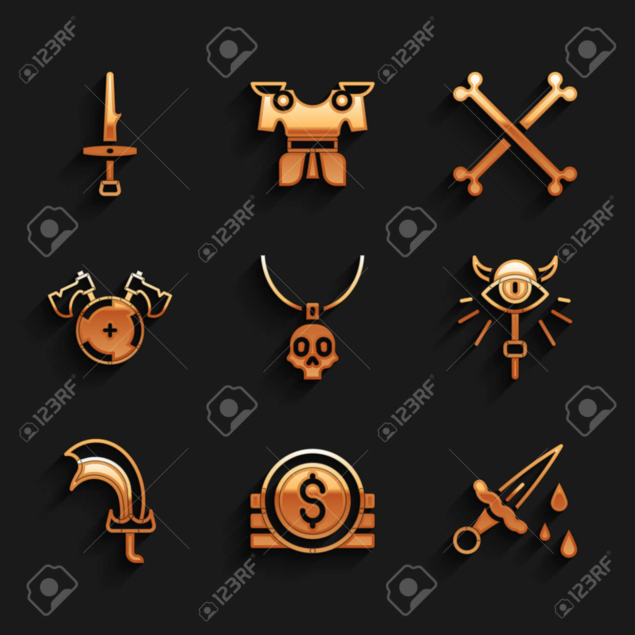 게임 중세 방패 도끼가 인간의 뼈와 단검 아이콘 벡터를 교차하기 위해 혈액 마법 지팡이가 있는 목걸이 부적 고대 동전 칼을 설정합니다.  로열티 무료 사진, 그림, 이미지 그리고 스톡포토그래피. Image 176272598