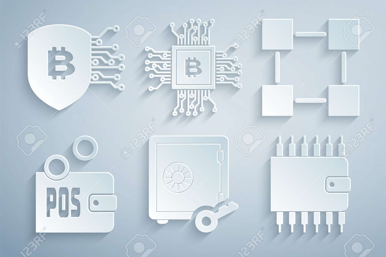 지분 증명, 블록체인 기술, 암호 화폐 지갑, Cpu 마이닝 팜 및 방패를 비트코인 아이콘으로 설정합니다. 벡터 로열티 무료 사진,  그림, 이미지 그리고 스톡포토그래피. Image 177819987