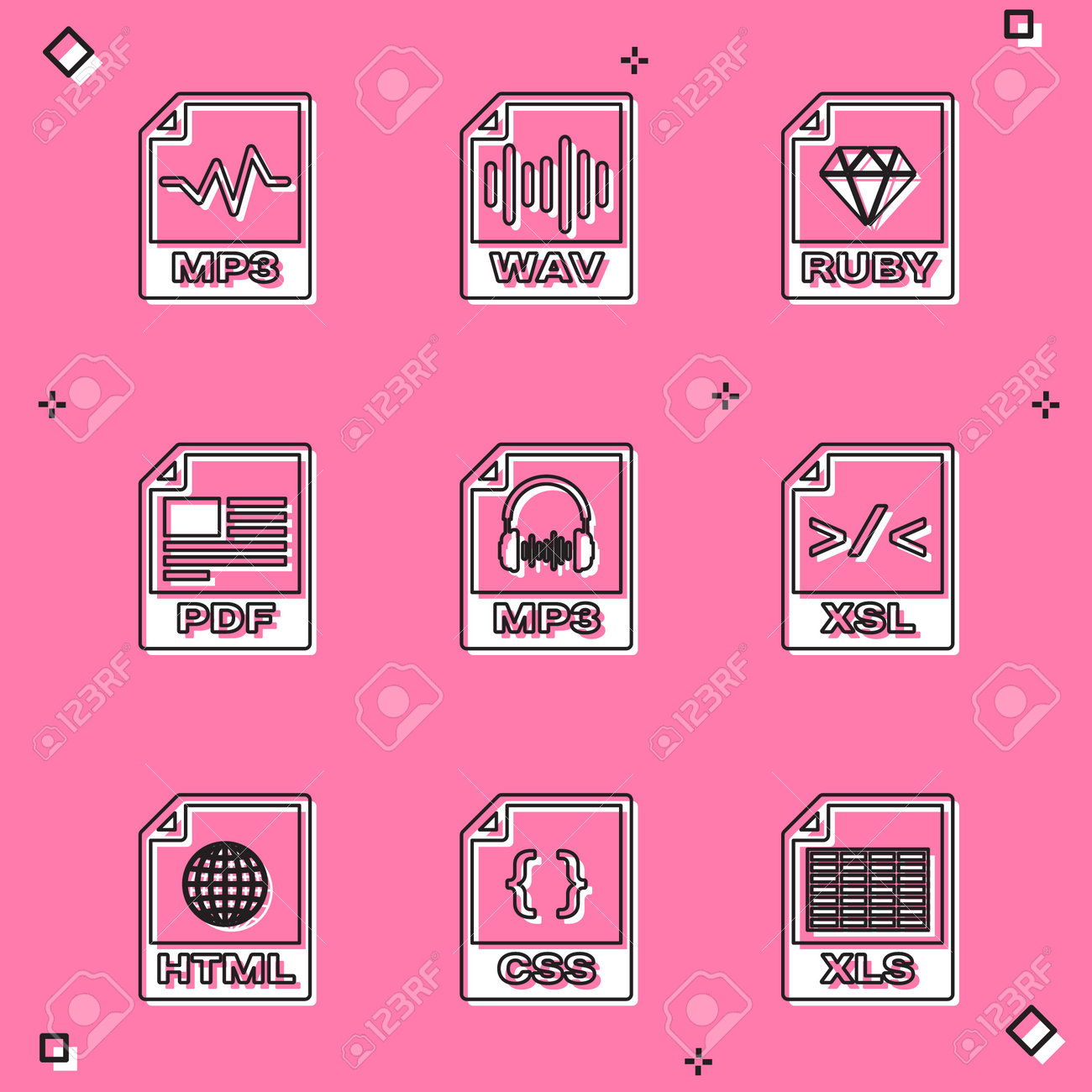 Set Mp3 File Document, Wav, Ruby, Pdf, And Xsl Icon. Vector Royalty Free  SVG, Cliparts, Vectors, And Stock Illustration. Image 178024358.