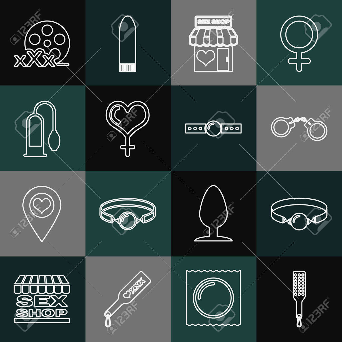 ハンドスパンキング セットラインスパンキングパドル、シリコンボールギャグ、手錠、風俗店の建物、女性の性別の心、ペニスポンプ、フィルムリールとアイコン。ベクターのイラスト素材・ベクター Image 178713502