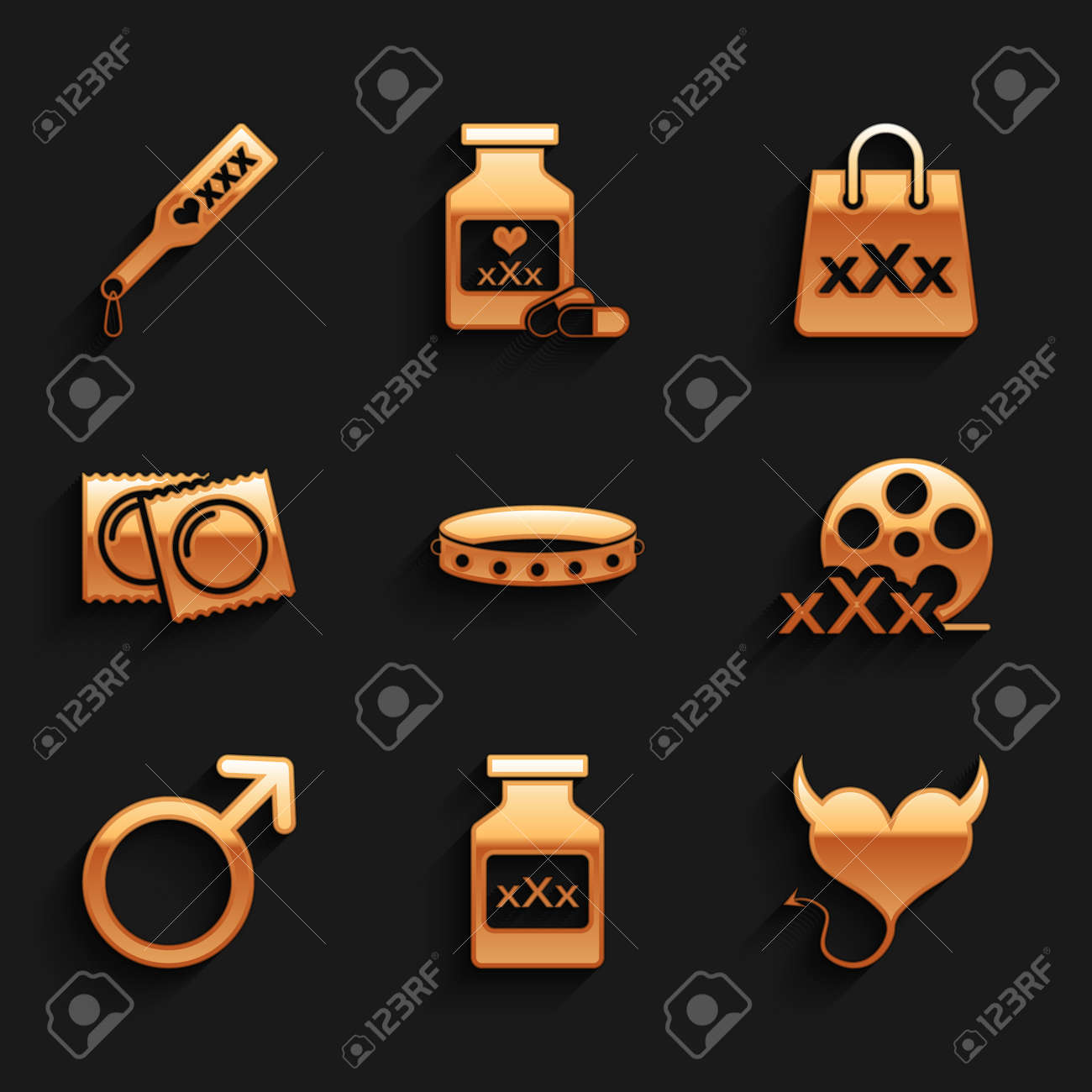 ハンドスパンキング セットレザーフェチカラー、効力のある錠剤のボトル、悪魔のハートホーン、フィルムリールセックス、男性の性別記号、パッケージのコンドーム、ショッピングバッグトリプルX、 スパンキングパドルアイコン。ベクターのイラスト素材・ベクター Image 180090842