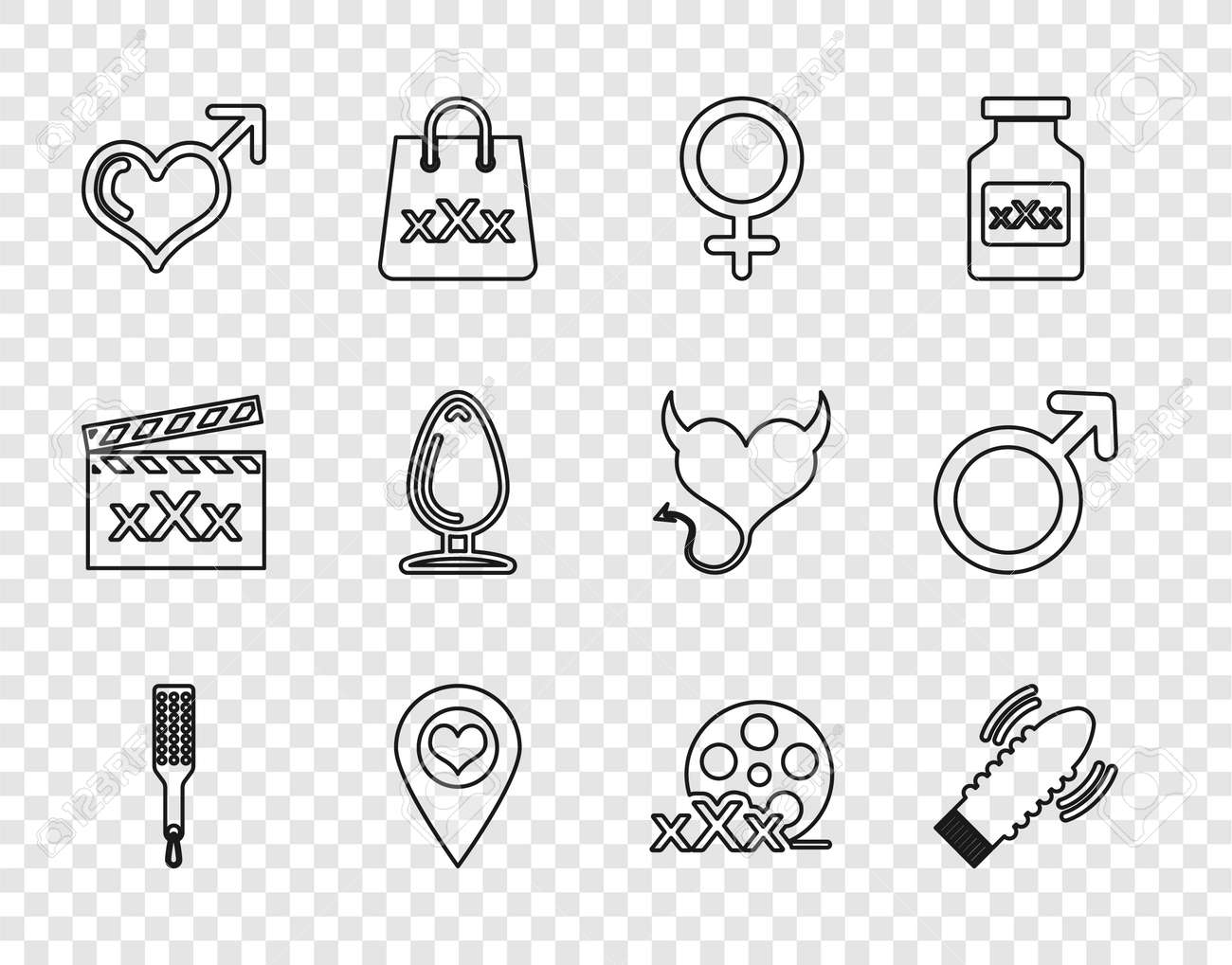 ハンドスパンキング セットラインスパンキングパドル、セックスゲーム用ディルドバイブレーター、女性の性別記号、ハートのある場所、男性と、アナルプラグ、フィルムリールセックスとアイコン。ベクターのイラスト素材・ベクター  Image 180131588