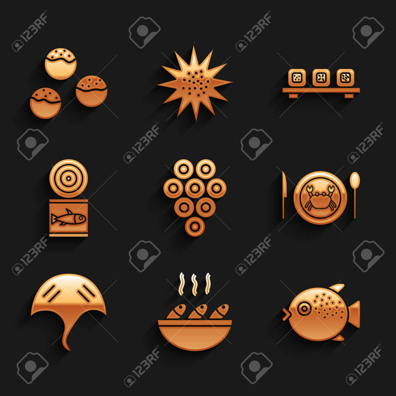 캐비어, 생선 수프, 복어, 접시에 게, 가오리, 통조림, 스시 커팅 보드, 타코야키 아이콘을 설정합니다. 벡터 로열티 무료 사진,  그림, 이미지 그리고 스톡포토그래피. Image 180555983