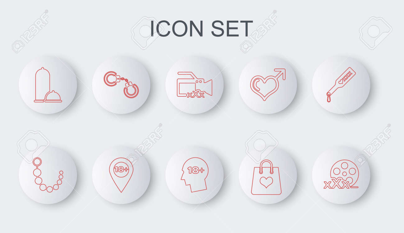 섹스, 항문 구슬, 비디오 카메라, 쇼핑백 하트, 콘돔 안전한 섹스, 푹신한 수갑, 위치 18 플러스 및 머리 아이콘으로 라인 필름  릴을 설정합니다. 벡터 로열티 무료 사진, 그림, 이미지 그리고 스톡포토그래피. Image 181647072