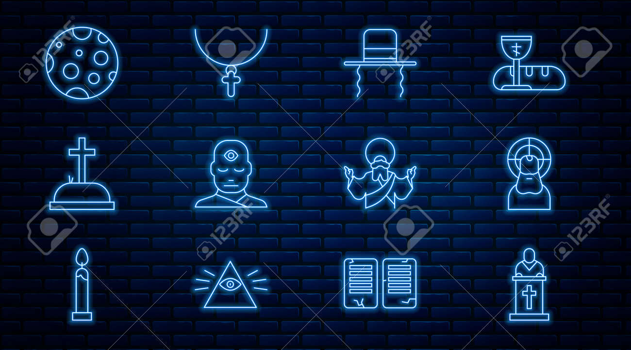 설교하는 교회 목사, 예수 그리스도, 사이드록이 있는 정통 유대인 모자, 제3의 눈, 묘비 십자가, 달, 기독교 체인 아이콘을  설정합니다. 벡터 로열티 무료 사진, 그림, 이미지 그리고 스톡포토그래피. Image 182739977