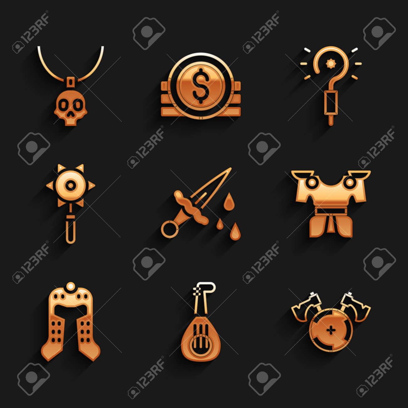 혈액 류트 중세 방패 도끼 갑옷 헬멧 체인 메이스 볼 마술 지팡이와 목걸이 부적 아이콘 벡터로 칼을 설정 로열티 무료 사진, 그림,  이미지 그리고 스톡포토그래피. Image 186088184