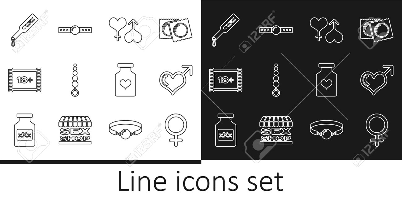 ハンドスパンキング 女性の性別シンボル、男性と心臓、女性、アナルビーズを設定し、18プラスでビデオを再生し、スパンキングパドル、効力とシリコンボールギャグアイコン用のボトルピル。ベクトルのイラスト素材・ベクター Image 192820622