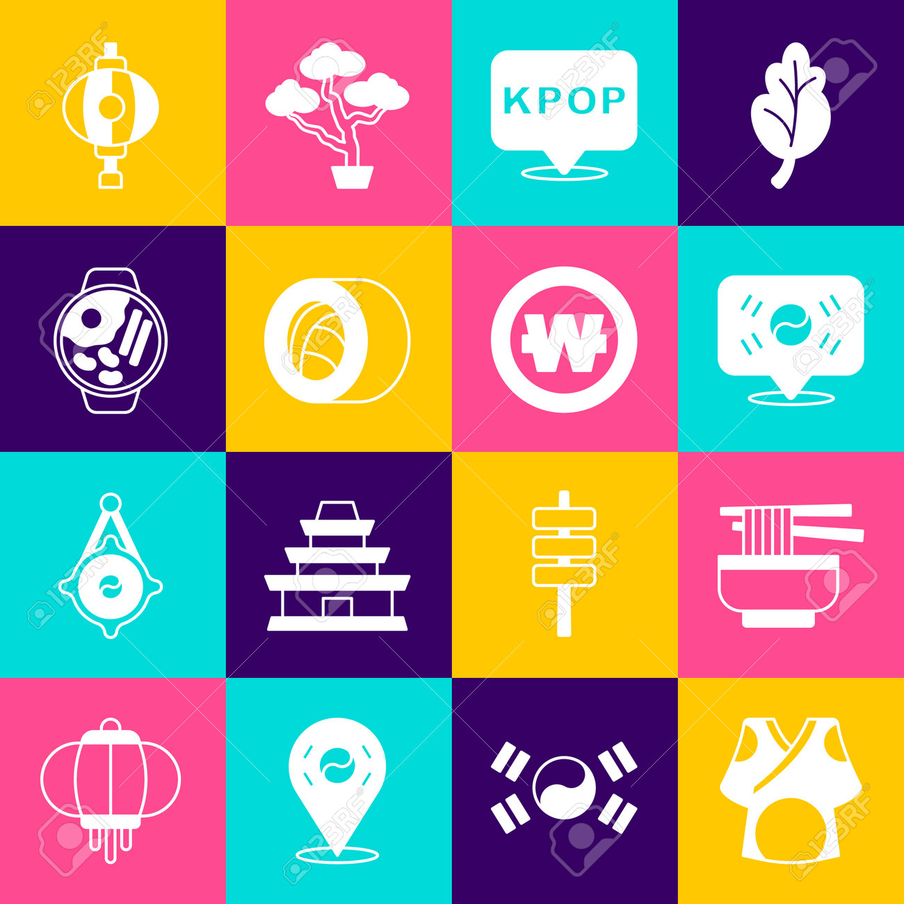 기모노, 라면, 위치 한국, 케이팝, 스시, 한국 랜턴, 원 코인 아이콘을 설정합니다. 벡터 로열티 무료 사진, 그림, 이미지 그리고  스톡포토그래피. Image 199786445