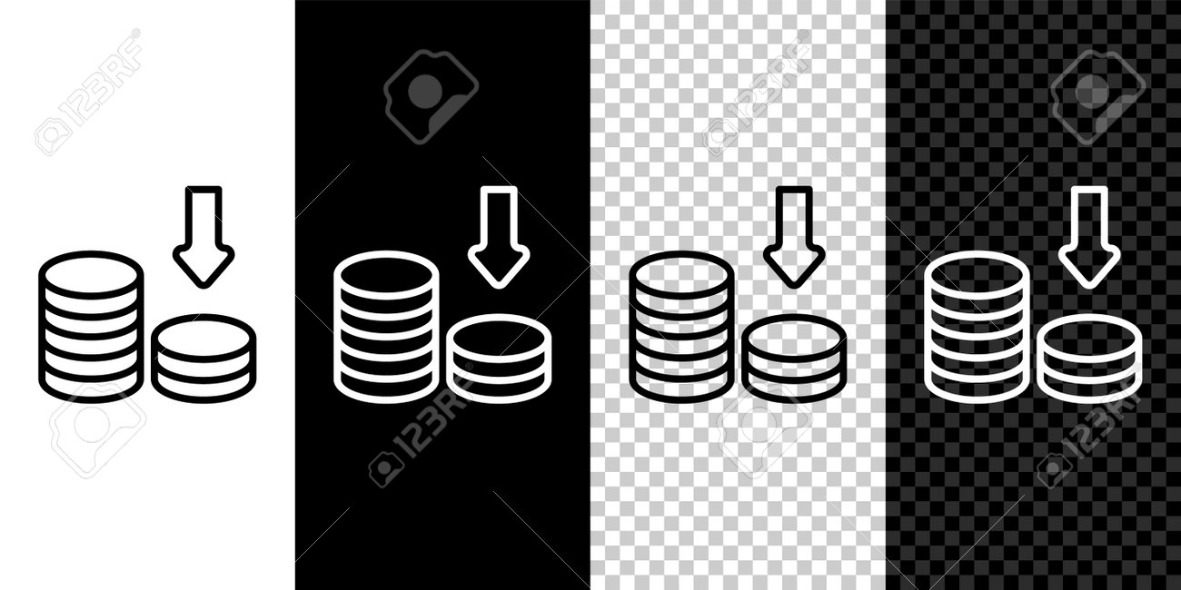 白黒の透明な背景にラインドルレート減少アイコンを設定します。コスト削減。下矢印の付いたお金のシンボル。ビジネスは危機の減少を失いました。ベクトルのイラスト素材・ベクター  Image 199851079
