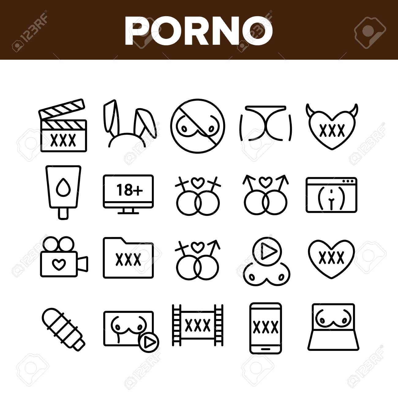 Porno Film Industry Collection Icons Set Vector Thin Line. Porno Web Site  And Folder Xxx, Boobs On Laptop Screen And Bunny Ears Concept Linear  Pictograms. Monochrome Contour Illustrations Royalty Free SVG, Cliparts,