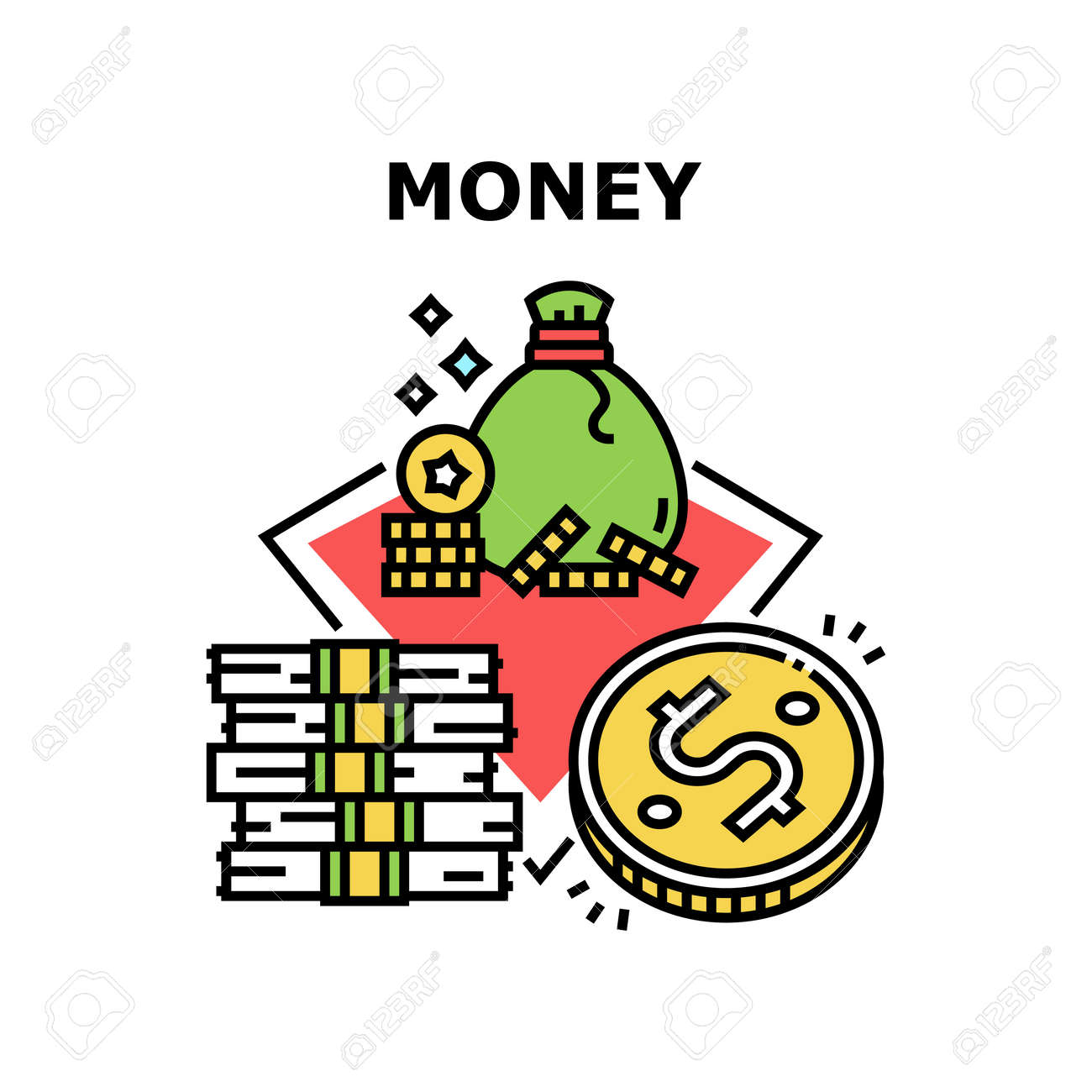 Money Finance Vector Icon Concept. Money Finance Earning And Saving,  Banknotes Cash Heap And Coins Bag Abundance, Dollar Financial Wealth,  Currency Debit And Exchange Color Illustration Royalty Free SVG, Cliparts,  Vectors, and, image size:1300x1300