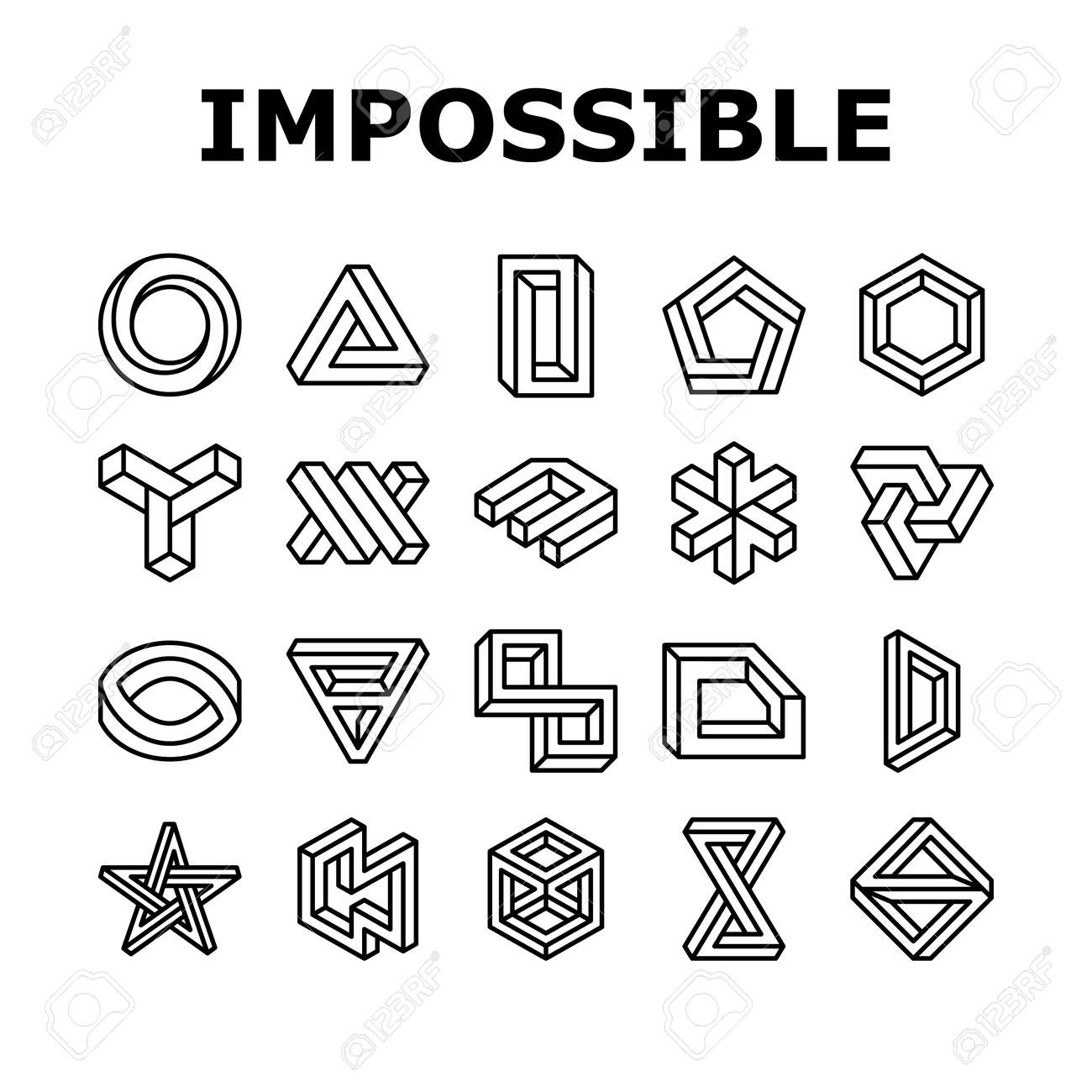 Impossible Geometric Shape Icons Set Vector. Triangle Illusion, Abstract 3d  Optical Cube, Infinity Object Art, Paradox Esher Impossible Geometric Shape  Black Contour Illustrations Royalty Free SVG, Cliparts, Vectors, and Stock  Illustration. Image, image size:1300x1300