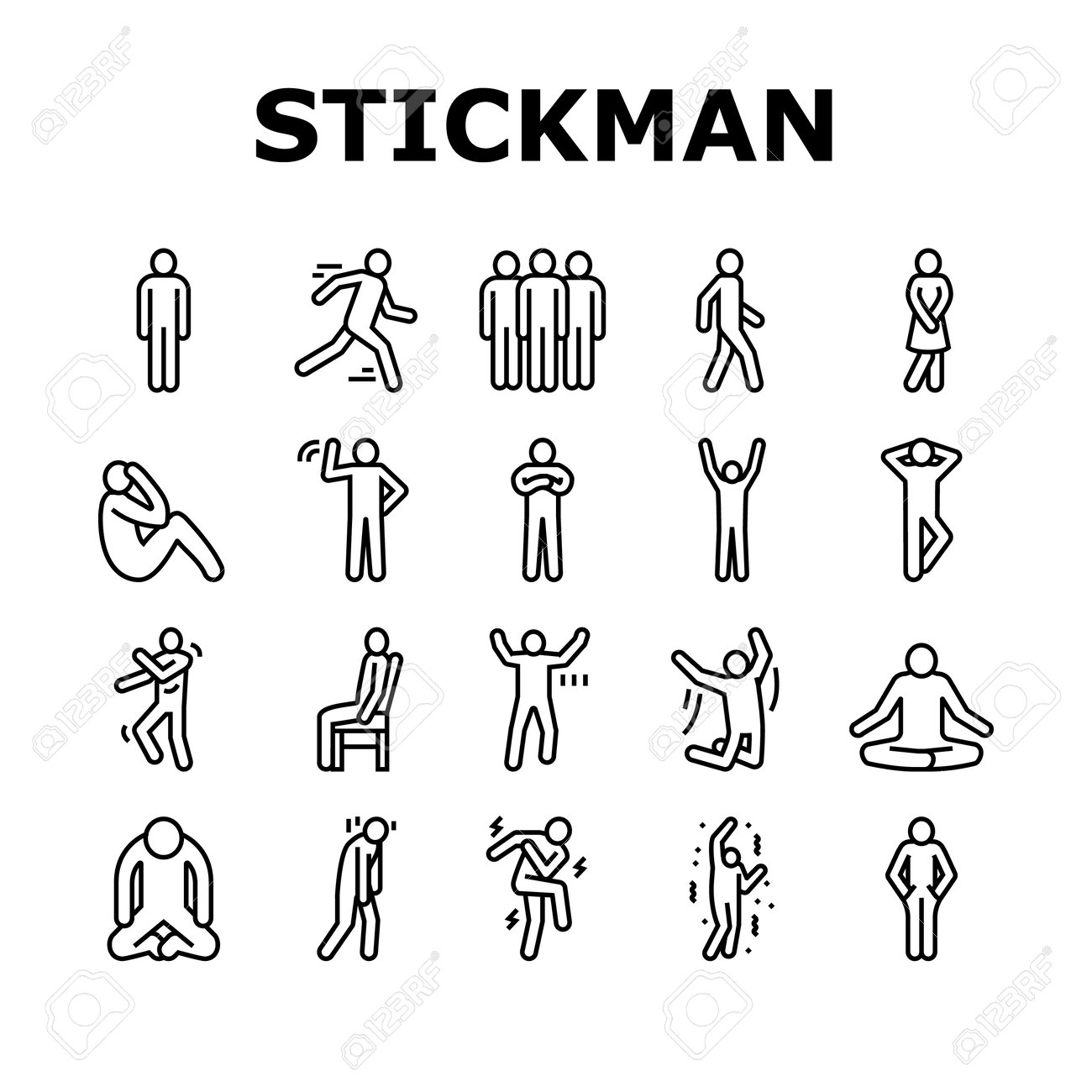 RFキャラクター フィギュア 動きのあるデザイン 棒人間人のシルエットアイコンセットベクター画像。ピクトグラム 人間, 棒人間, フィギュア 姿勢,  体位 男性 キャラクター 動き 棒人間 人 人 シルエット 黒 輪郭 イラストのイラスト素材・ベクター Image 195957823, image size:1300x1300