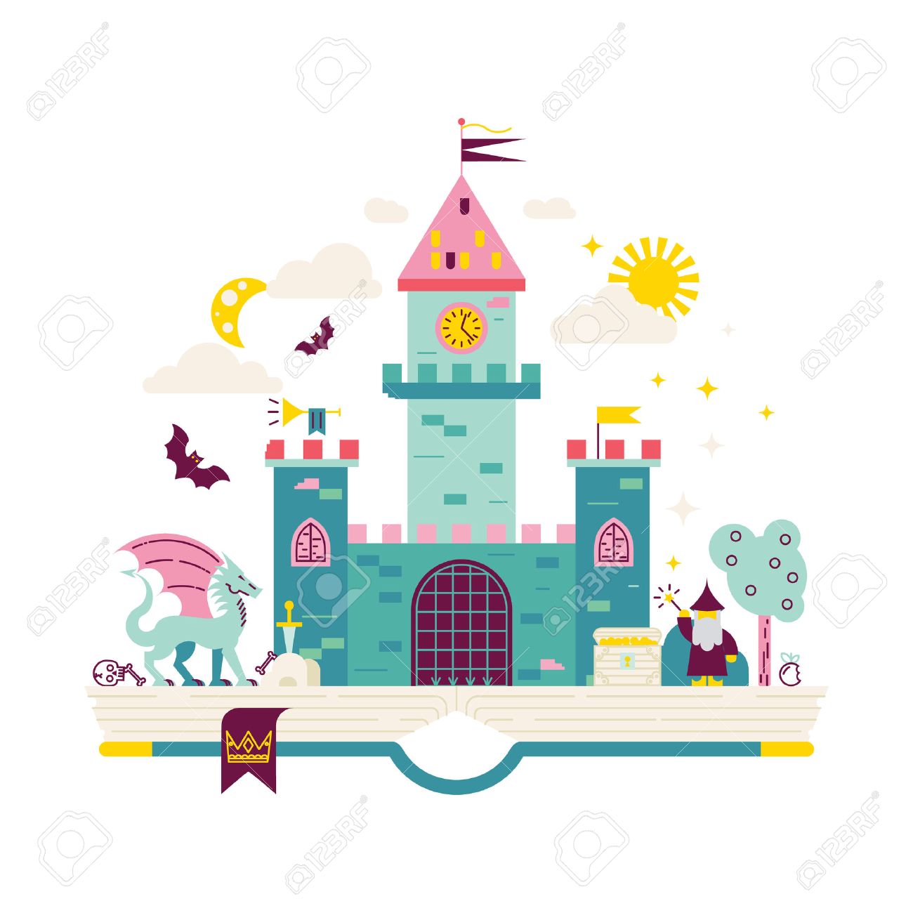 High Detailed Illustration Of Magic Kingdom Modern Flat Design Wizard Dragon And Castle On The Pages Of The Book Illustration For Children Education Royalty Free Cliparts Vectors And Stock Illustration Image