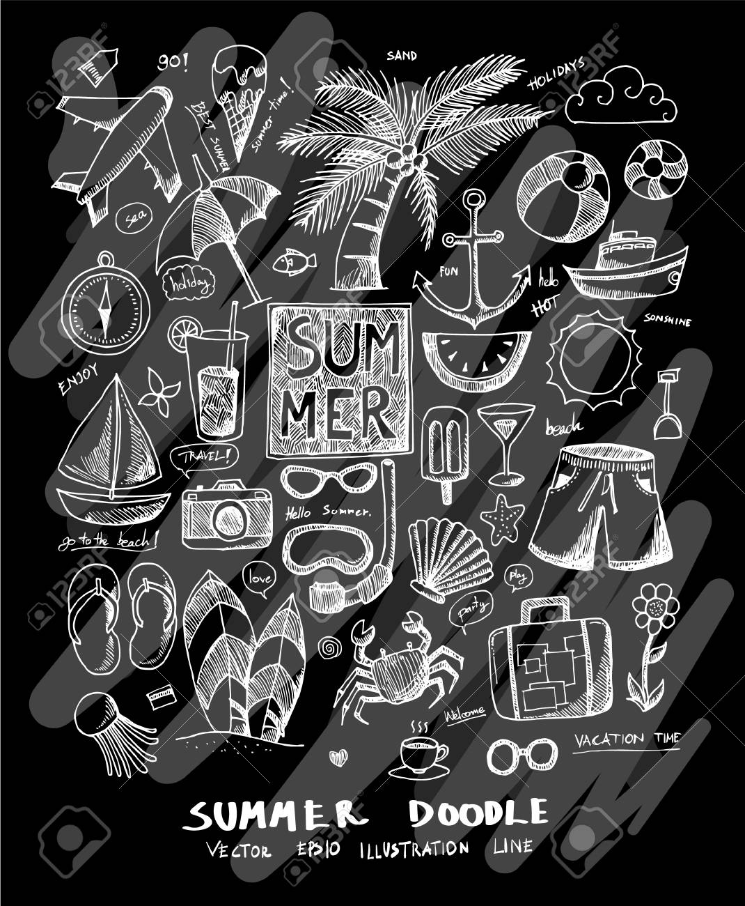 Summer Doodle Illustration Wallpaper Background Line Sketch Style Set On Chalkboard Royalty Free Cliparts Vectors And Stock Illustration Image 95773113