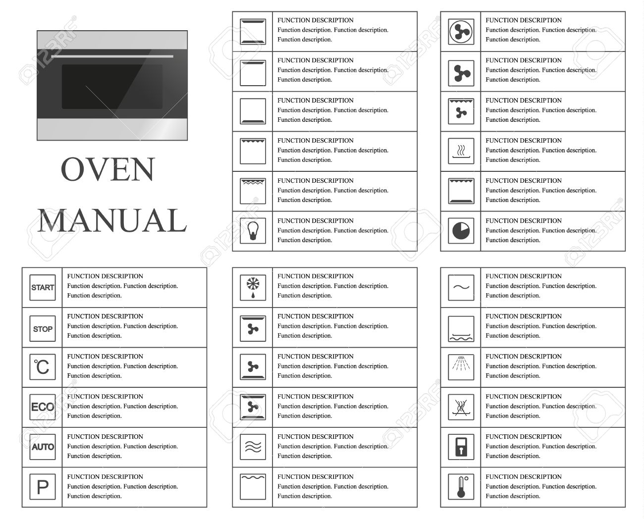 Backofen Manuelle Symbole. Anleitung. Zeichen Und Symbole Für Ofen  Ausbeutung Handbuch. Anleitungen Und Funktionsbeschreibung. Vector  Isolierte Darstellung. Lizenzfrei nutzbare SVG, Vektorgrafiken, Clip Arts,  Illustrationen. Image 57988139.