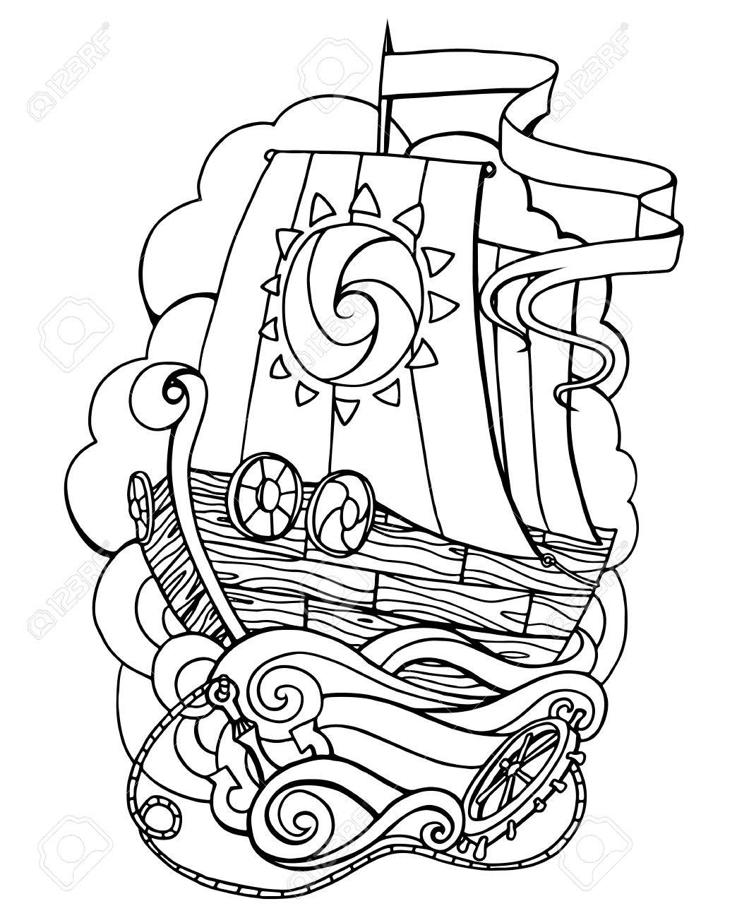 vector illustration of sea ship with an anchor and helm template ship template