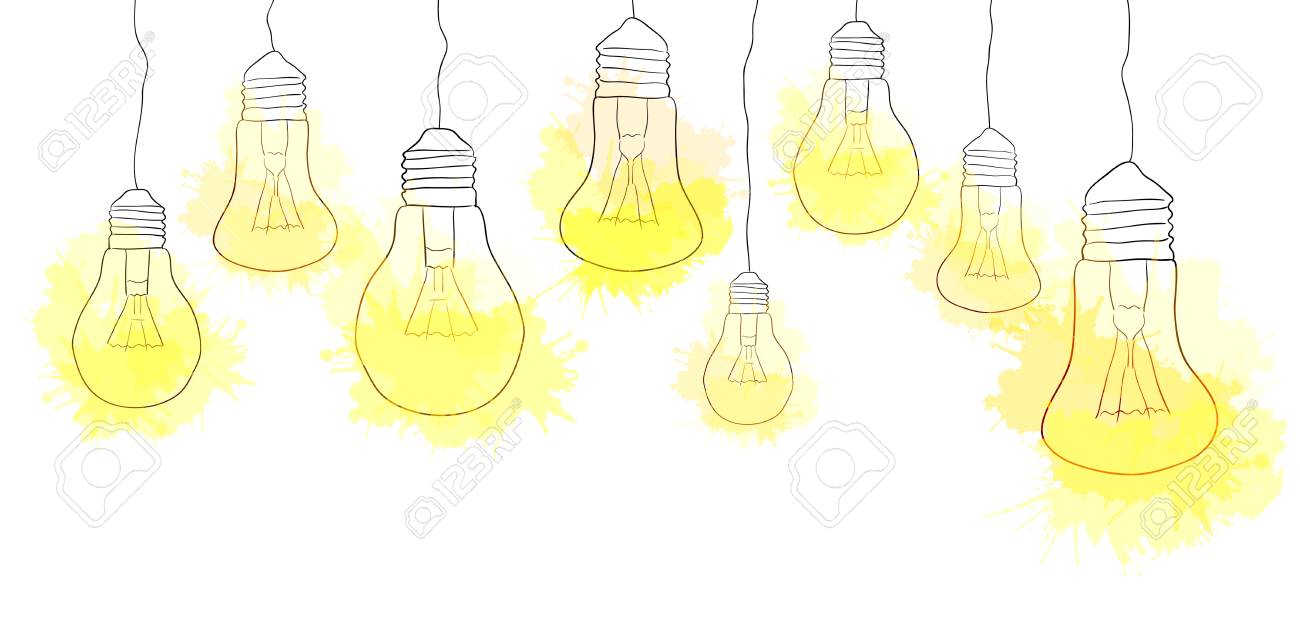 linear illustration of hanging light bulbs with watercolor splashes