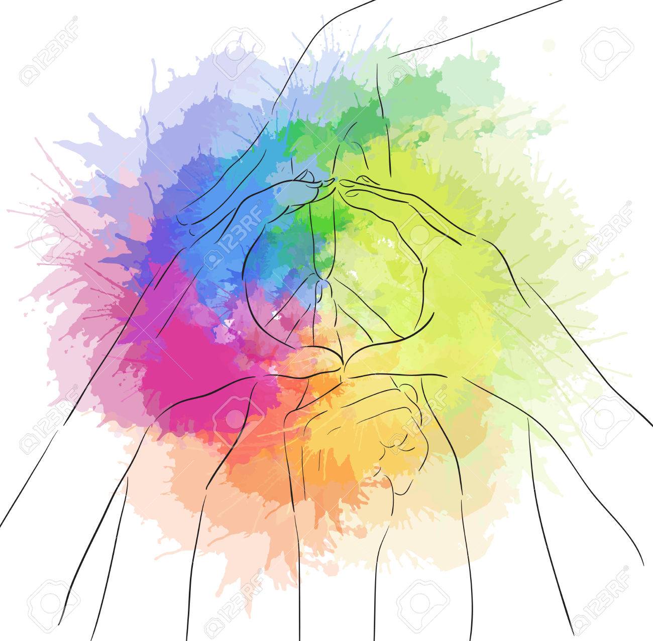 人間の手と虹色の水彩スプレーと平和の印の輪郭図 ジェスチャ 統一 あなたの創造性のベクトル図 のイラスト素材 ベクタ Image