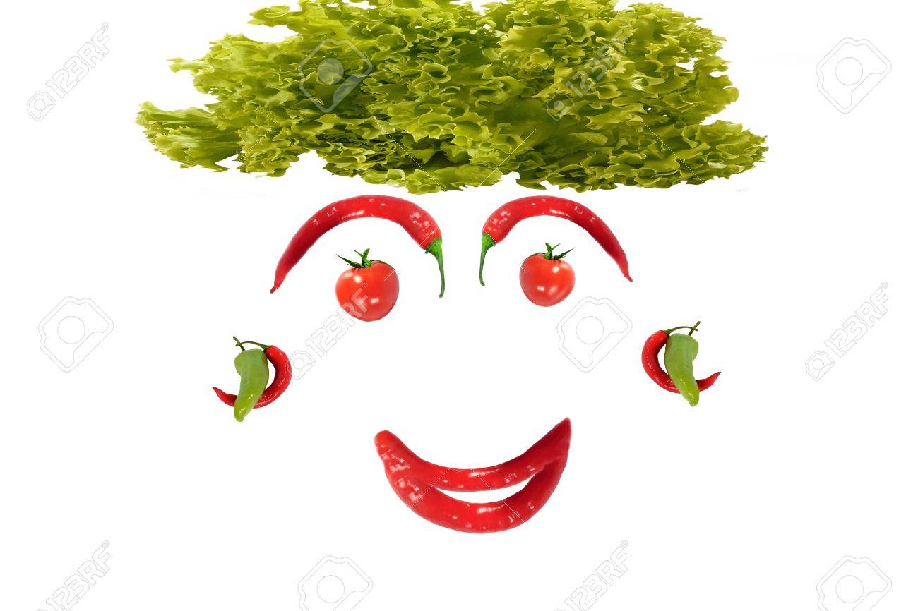 レタス トマトとチリ製のクリップで女性の変な顔を食べる健康 の写真素材 画像素材 Image