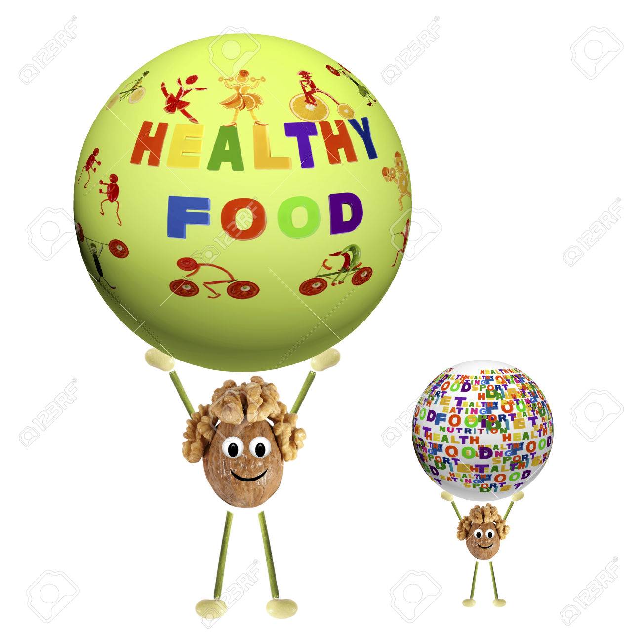 two funny little nut holding sphere with the words healthy food