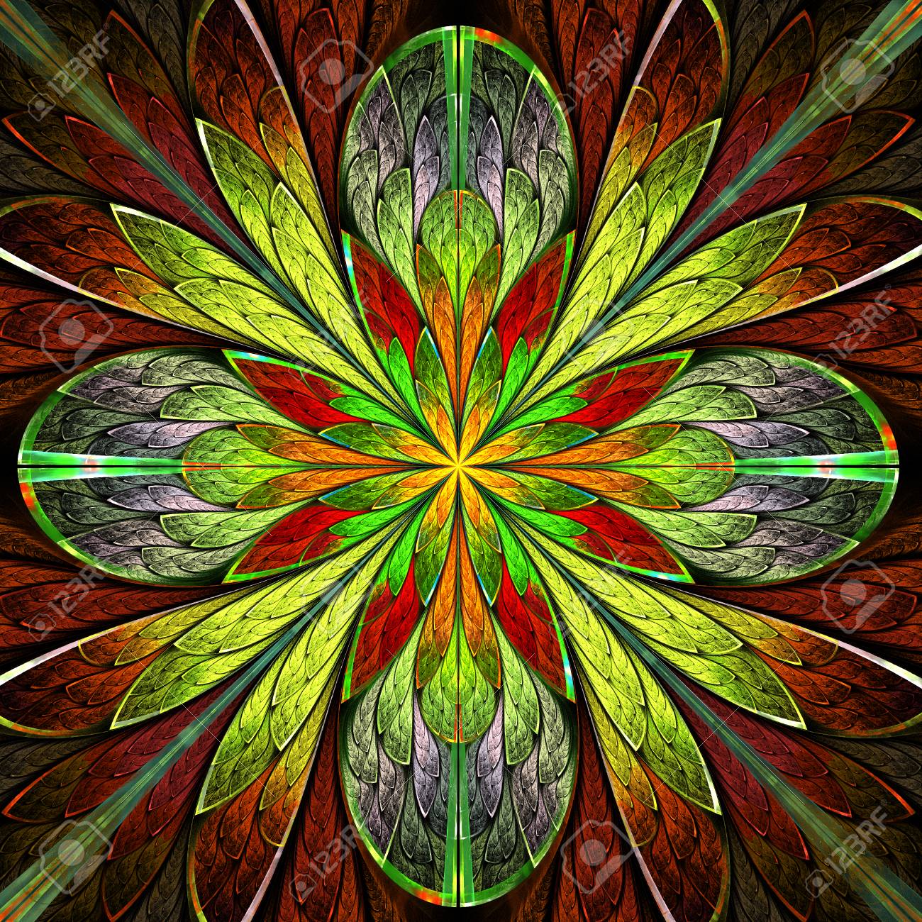 Multicolored Symmetrical Fractal Flower In Stained Glass Window Stock Photo Picture And Royalty Free Image Image 74744409