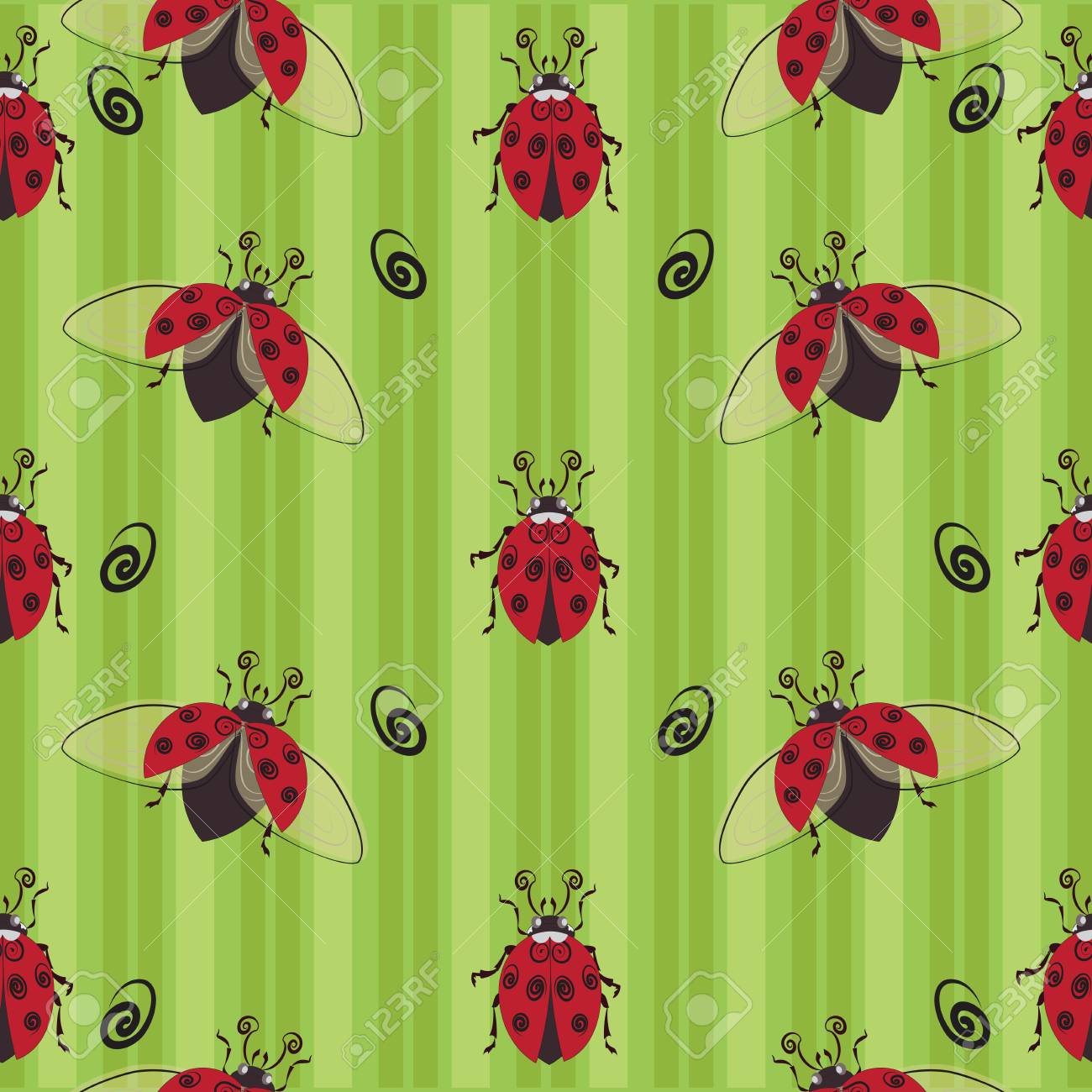 縞模様の背景 子供の漫画の文字のてんとう虫の様式化されたイメージ