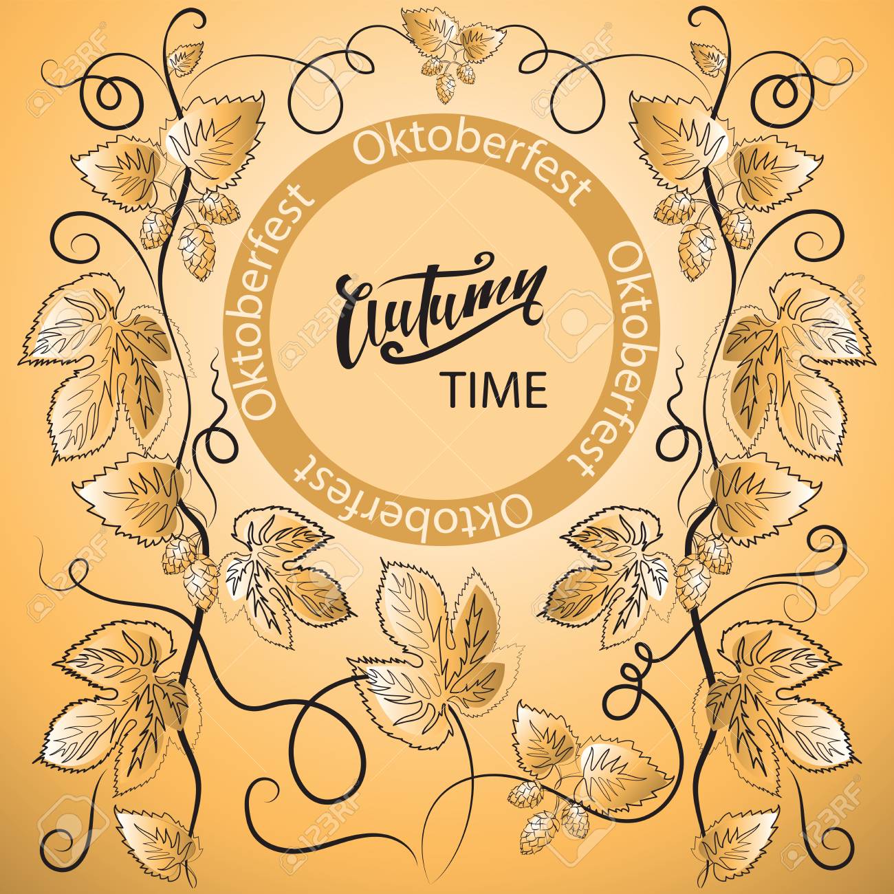 オクトーバーフェスト 秋の時間poster The 祭のロゴ 成分は手書きの文字やホップの葉の画像 レタリング のイラスト素材 ベクタ Image