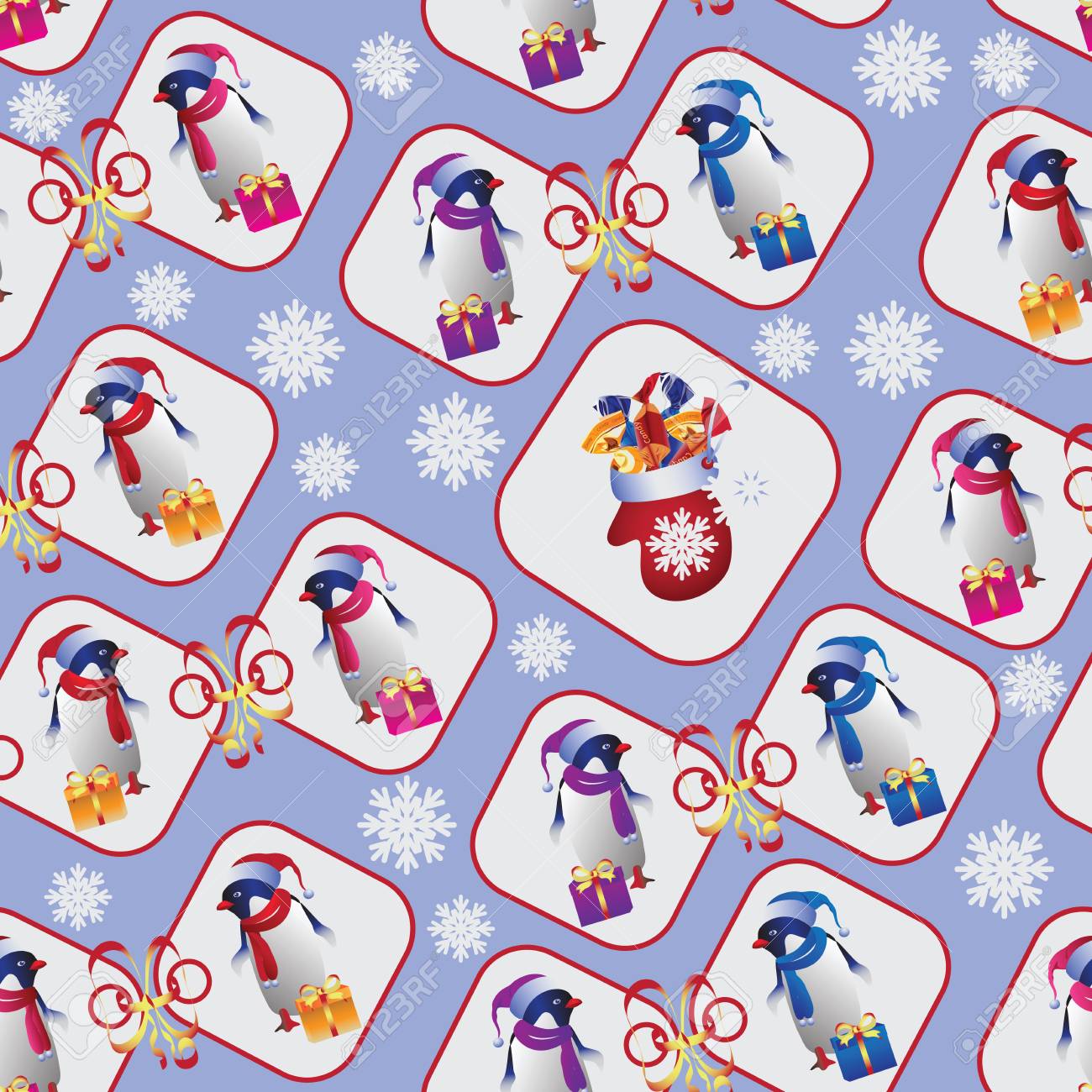 Pinguine Mit Geschenken Nahtloses Muster Design Fur Textilien Geschenkpapier Fur Geschenke Lizenzfrei Nutzbare Vektorgrafiken Clip Arts Illustrationen Image