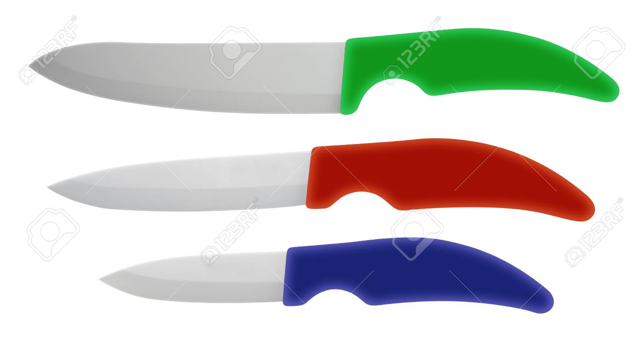 Set Of Colorful Ceramic Kitchen Knives Isolated On White Stock