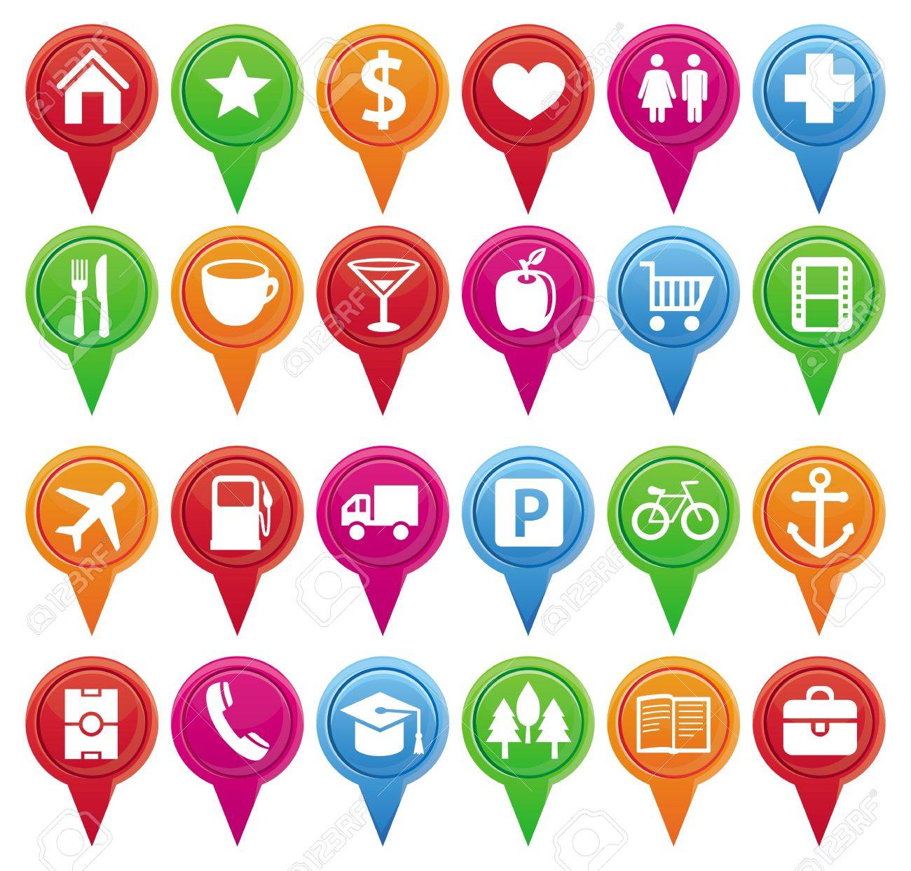 地図とナビゲーション アイコン付きのプランの明るいマーカーのセットのイラスト素材 ベクタ Image