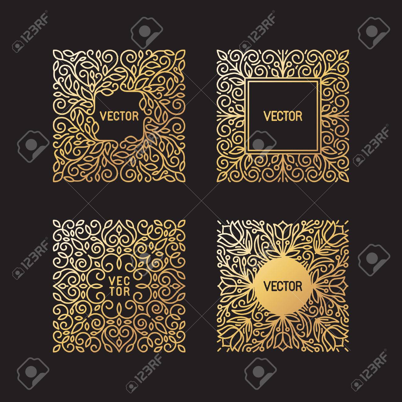 Vector set of linear frames and floral backgrounds with copy space for text - abstract labels for packaging and stationery in vintage hipster style - in golden style on black background - 46725808 Vector set of linear frames and floral backgrounds with copy space for text - abstract labels for packaging and stationery in vintage hipster style - in golden style on black background - 46725808