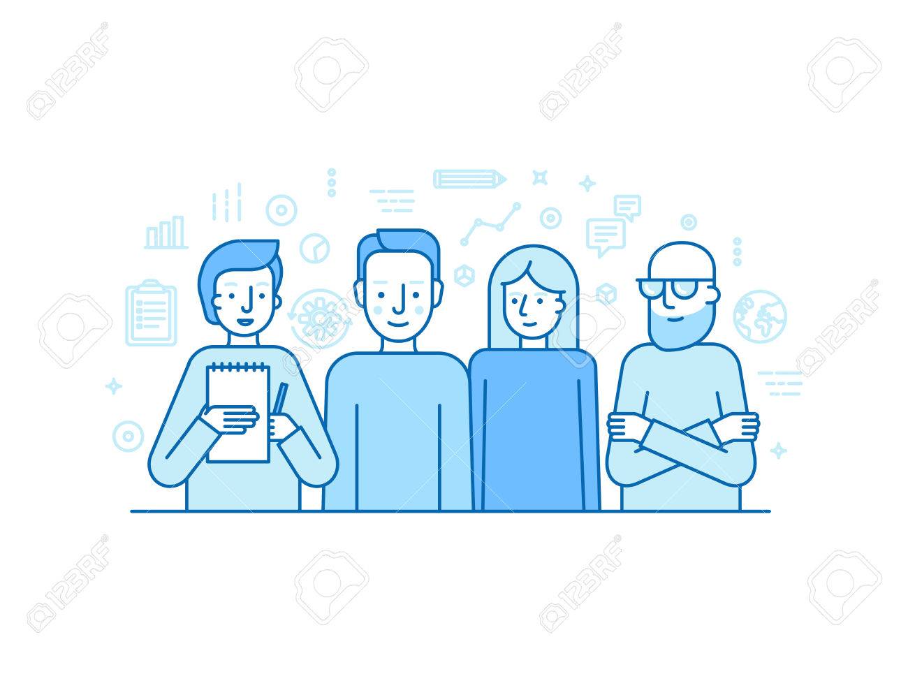 トレンディなフラット線形スタイル 創造的なチーム 実業家 コピー ライター グラフィック デザイナー プログラマの人材とバナーやランディング ページのチームワークの概念図のイラスト素材 ベクタ Image