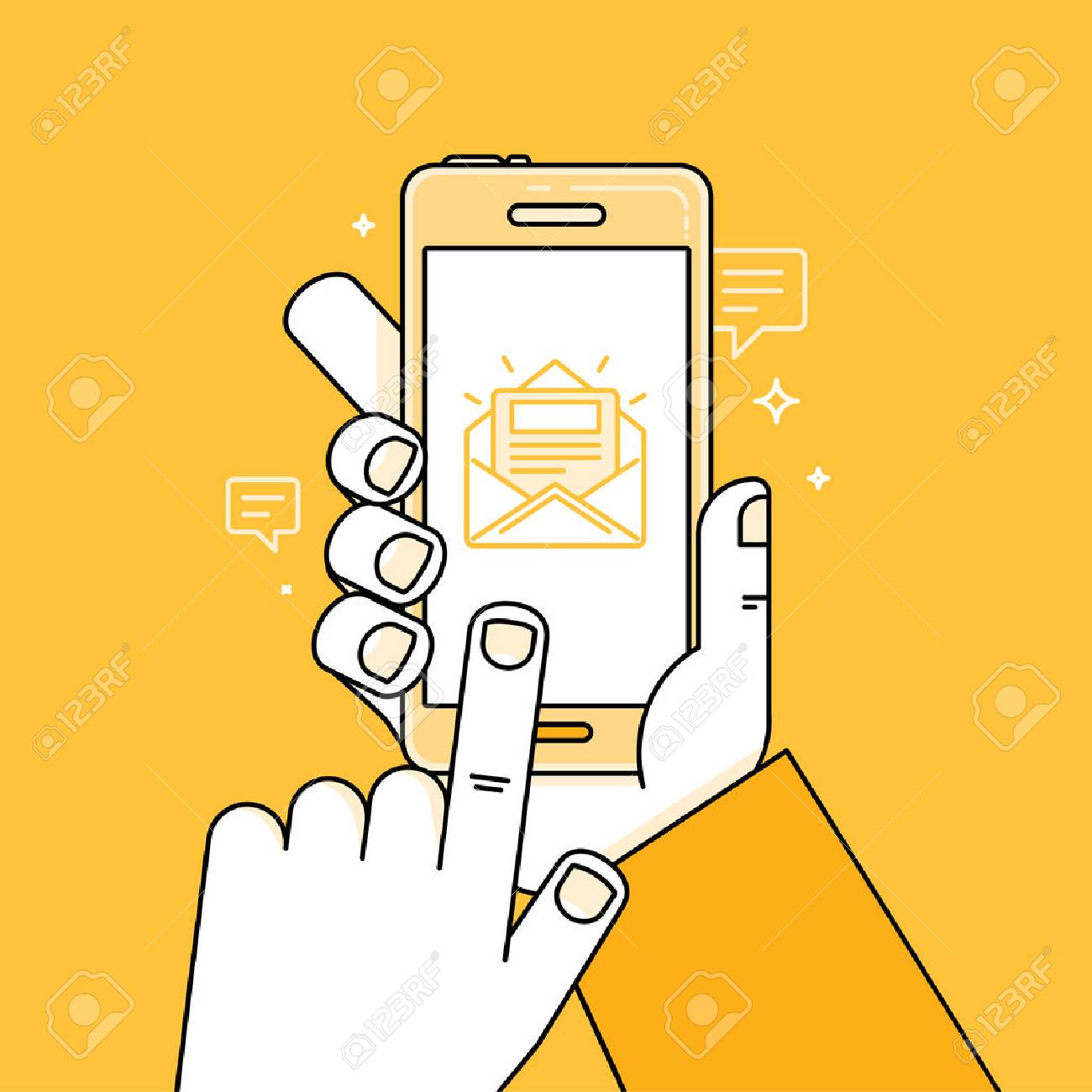 Vector illustration in simple linear flat style and bright yellow color - hand with mobile phone and finger touching screen - app with message - notification about new letter or task - 61889955 Vector illustration in simple linear flat style and bright yellow color - hand with mobile phone and finger touching screen - app with message - notification about new letter or task - 61889955