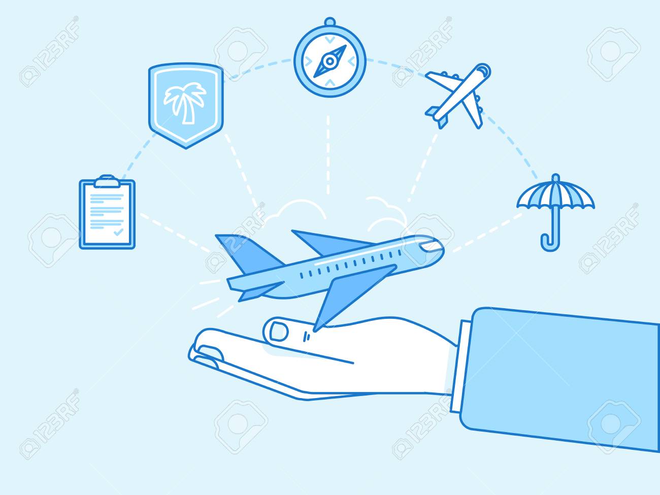ベクトル イラストやインフォ グラフィック デザイン モダンなフラット線形スタイル 旅行保険コンセプト 手を保護し サポートする飛行機の要素 の イラスト素材 ベクタ Image
