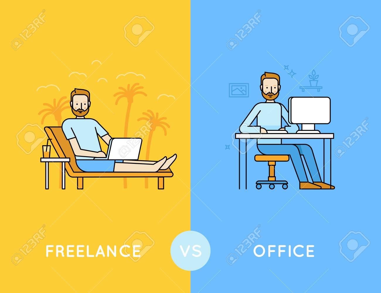 Vector illustration in trendy flat and linear style - freelance vs office - infographics design template - comparison of different style of work - outsourced employee and office worker - 71306059 Vector illustration in trendy flat and linear style - freelance vs office - infographics design template - comparison of different style of work - outsourced employee and office worker - 71306059
