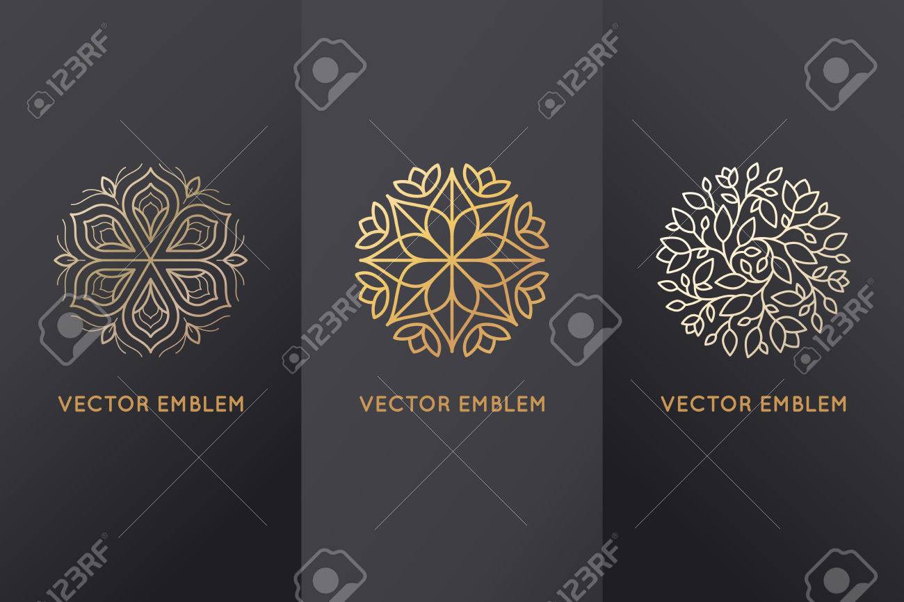 Vector set of design elements, labels and frames for packaging for luxury products in trendy linear style - simple and bright background made with golden foil on black background with copy space for text or logo - 72463134 Vector set of design elements, labels and frames for packaging for luxury products in trendy linear style - simple and bright background made with golden foil on black background with copy space for text or logo - 72463134