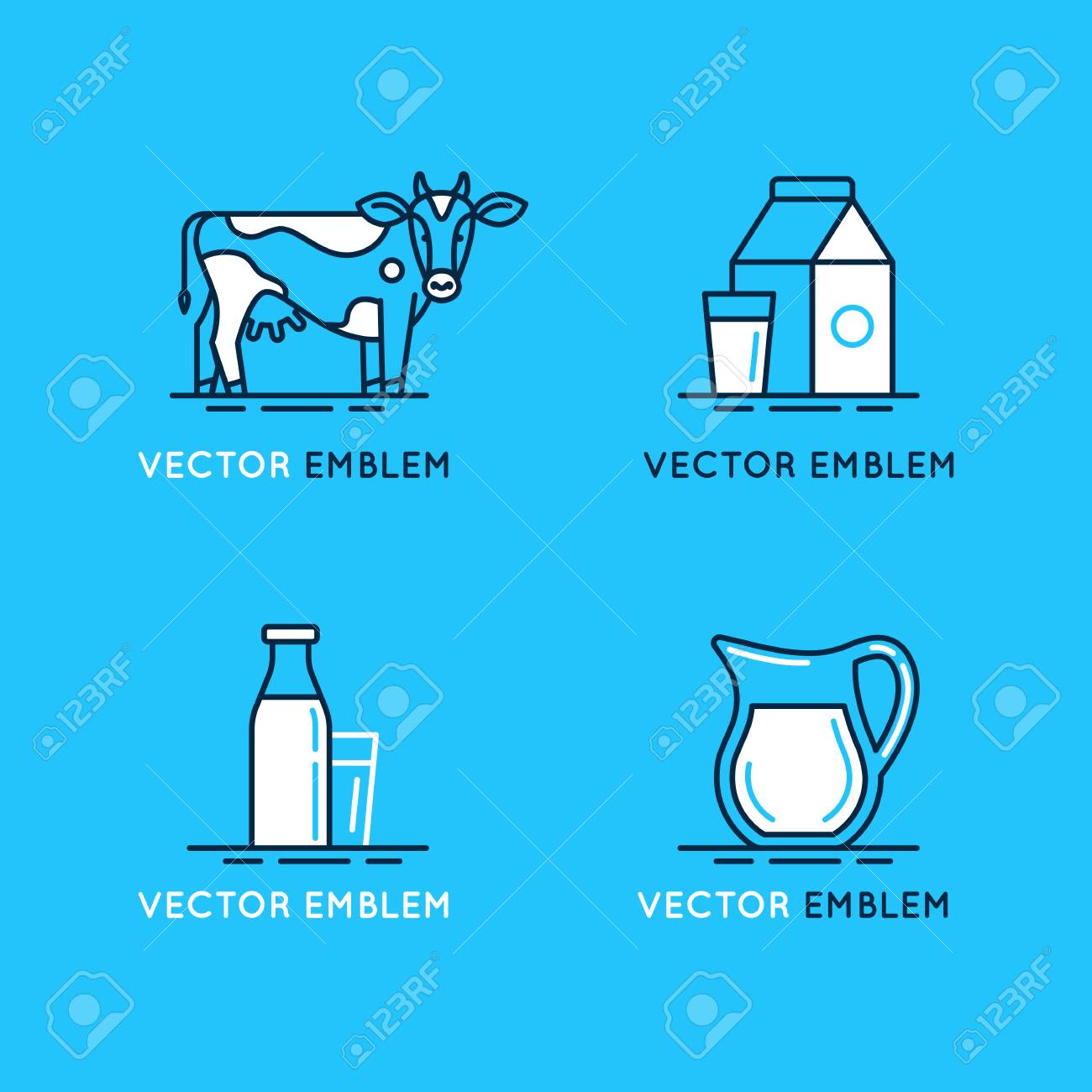 ベクトルのアイコン イラストやロゴのデザイン要素でトレンディな直線的なスタイルと食品の青と白の色 牛乳や乳製品製品 エンブレムのセット 包装を 飲む のイラスト素材 ベクタ Image