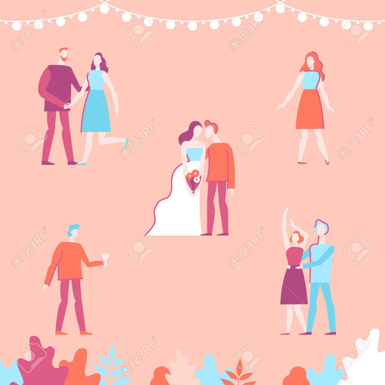 保存日付カード Ot バレンタインの日グリーティング カード 結婚式の招待状のベクトル平面線形図 結婚式のパーティーでの文字のセット イラストやデザイン要素 のイラスト素材 ベクタ Image