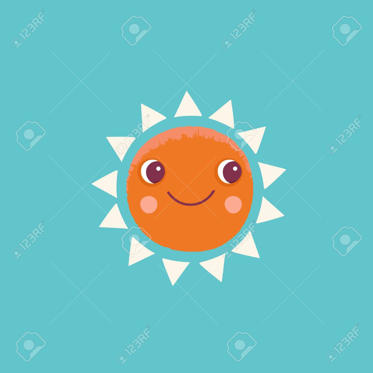 子供たちと子どもたちの幸せな漫画のキャラクターの太陽保育ルーム印刷テンプレート グリーティング カードのデザイン要素またはひな形とシンプルな幼稚なスタイルのベクトル漫画イラスト のイラスト素材 ベクタ Image