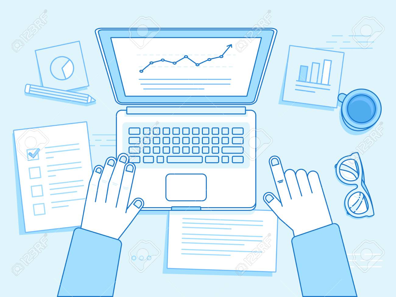 Vector business illustration in trendy linear style and blue colors related to project management, business strategy and financial development - hands with laptop, coffee cup, glasses and documents - 91079685 Vector business illustration in trendy linear style and blue colors related to project management, business strategy and financial development - hands with laptop, coffee cup, glasses and documents - 91079685