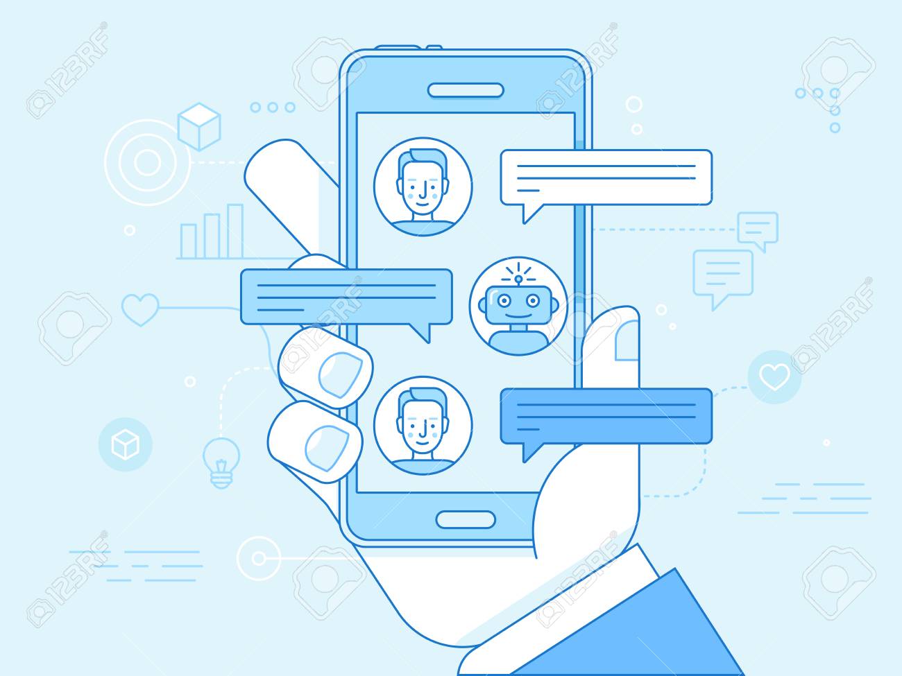 Vector flat linear illustration in blue colors - chatbot concept - virtual assistant and online support - 100296381 Vector flat linear illustration in blue colors - chatbot concept - virtual assistant and online support - 100296381