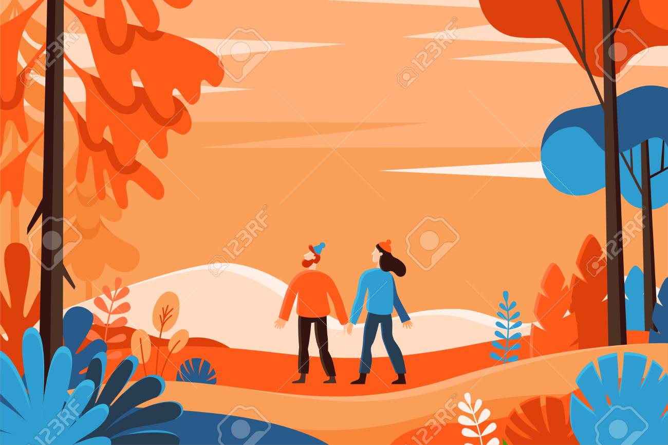 Vector illustration in flat linear style - autumn background - landscape illustration with two characters exploring autumn forest - greeting card design template - 107267139 Vector illustration in flat linear style - autumn background - landscape illustration with two characters exploring autumn forest - greeting card design template - 107267139