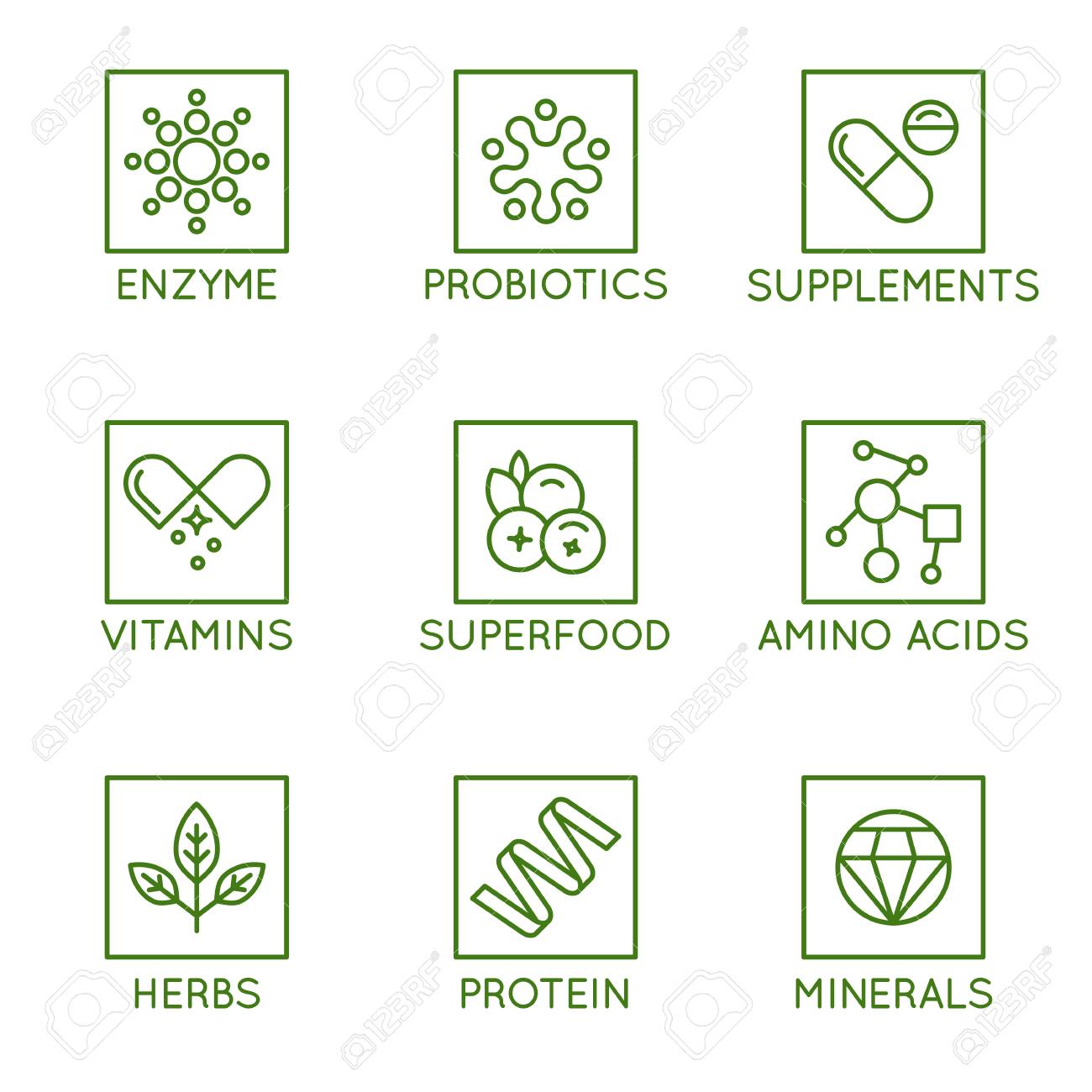 Vector set of icons and badges for packaging for natural health products, vitamins, supplements - healthy eating and dieting - set of design elements for organic and bio products - 110717598 Vector set of icons and badges for packaging for natural health products, vitamins, supplements - healthy eating and dieting - set of design elements for organic and bio products - 110717598