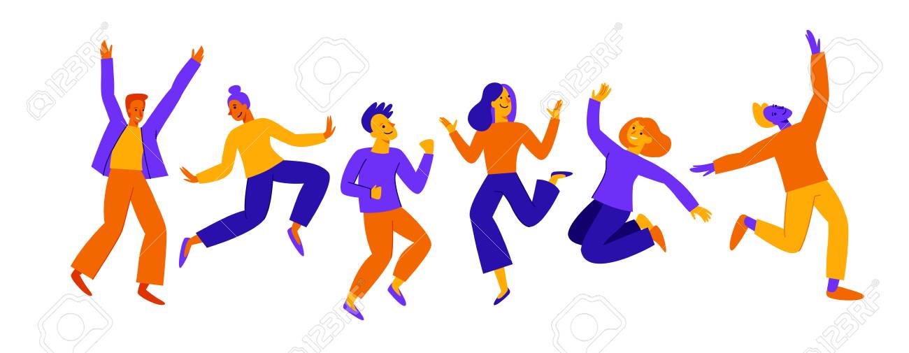 Vector illustration in flat simple style - happy jumping team - smiling men and women - victory, teamwork and cooperation concept - happy and joyful people - 122038159 Vector illustration in flat simple style - happy jumping team - smiling men and women - victory, teamwork and cooperation concept - happy and joyful people - 122038159