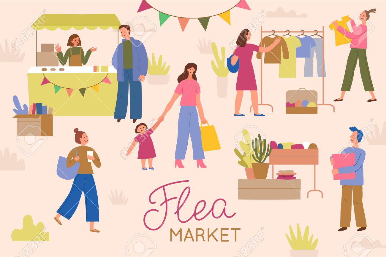 Vector illustration in flat simple style with cartoon characters - flea market poster and banner - people buying and selling second hand clothes and things at street fair - 133518326 Vector illustration in flat simple style with cartoon characters - flea market poster and banner - people buying and selling second hand clothes and things at street fair - 133518326
